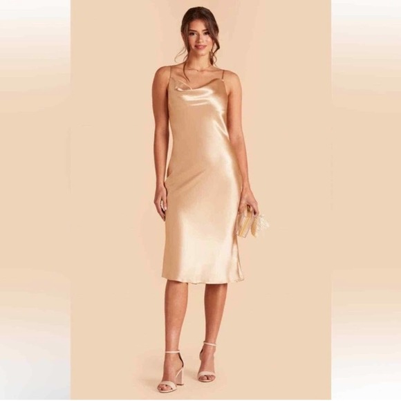 Birdy Grey Lisa Satin Shiny Gold Cowl Neck Midi Dress S NWT - Picture 2 of 10